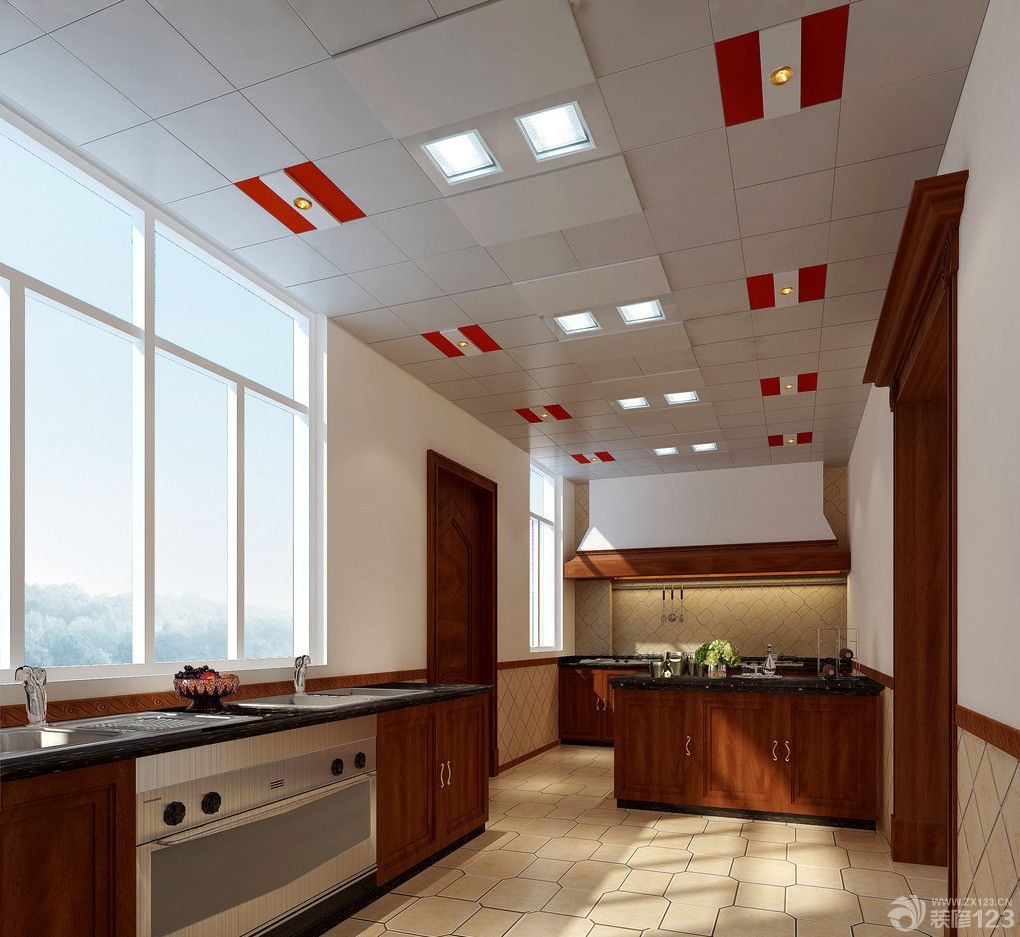 现代沉稳敞开式厨房铝扣板集成吊顶装修效果图欣赏