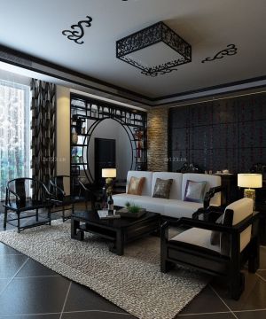 最新黑白中式混搭客厅实木博古架装修样板间