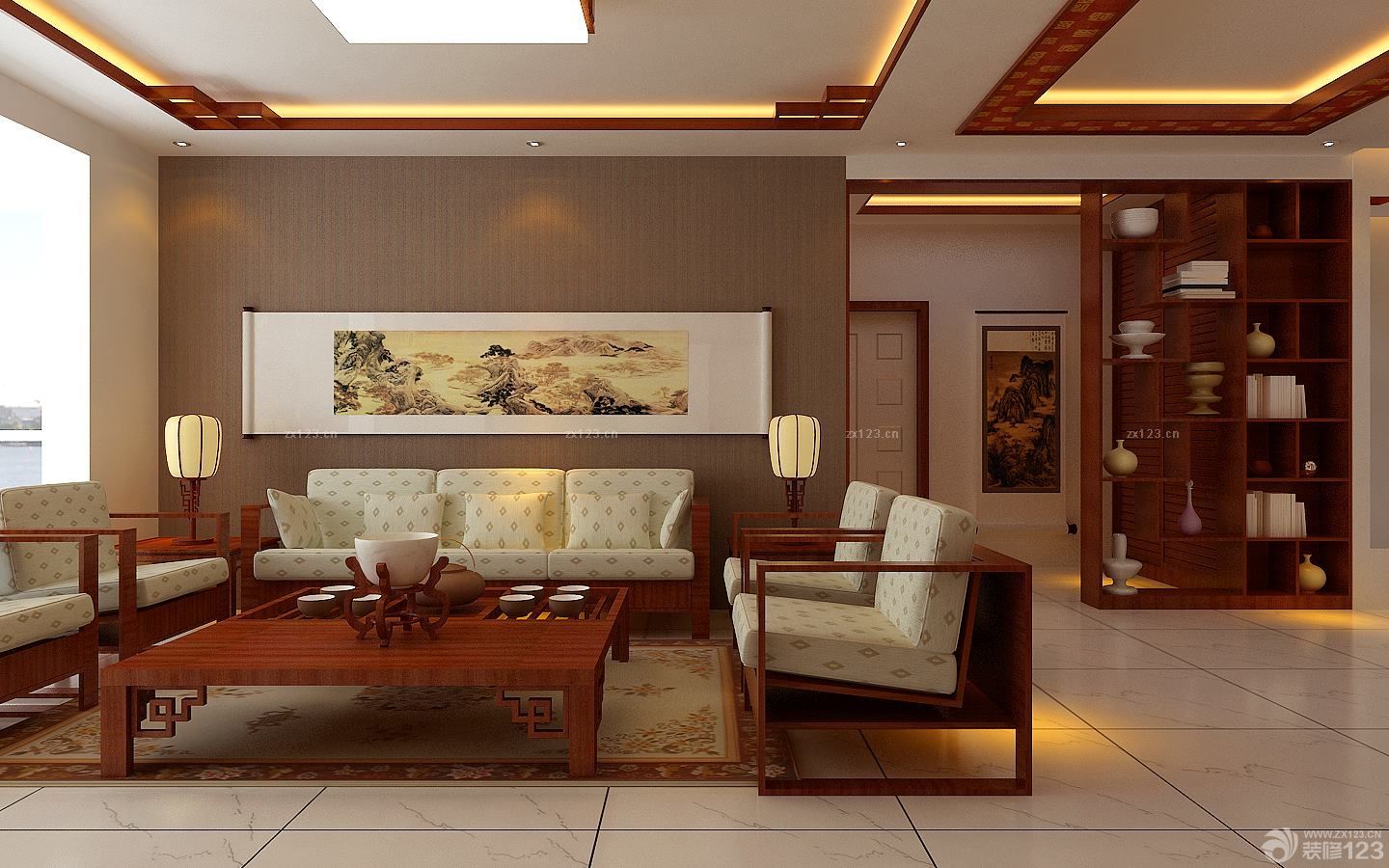 2025新中式风格三室两厅客厅地砖装修图片