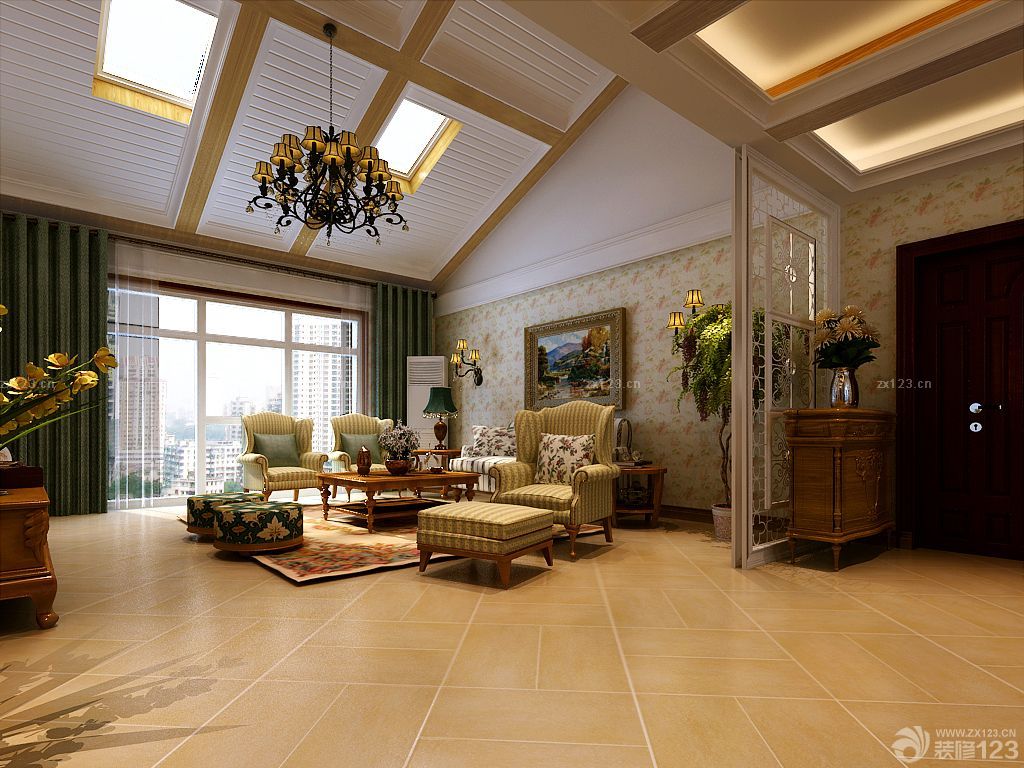 美式田园风格尖顶客厅装修效果图片