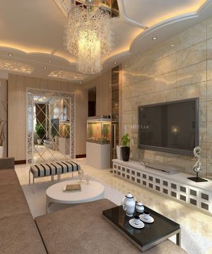 经典时尚家装客厅瓷砖电视背景墙设计2023图片