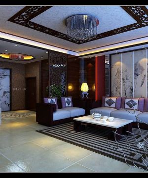 中式仿古装修正方形客厅沙发背景墙图