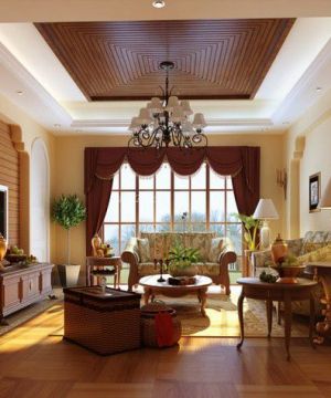 东南亚风格设计时尚客厅木质吊顶装修效果图欣赏