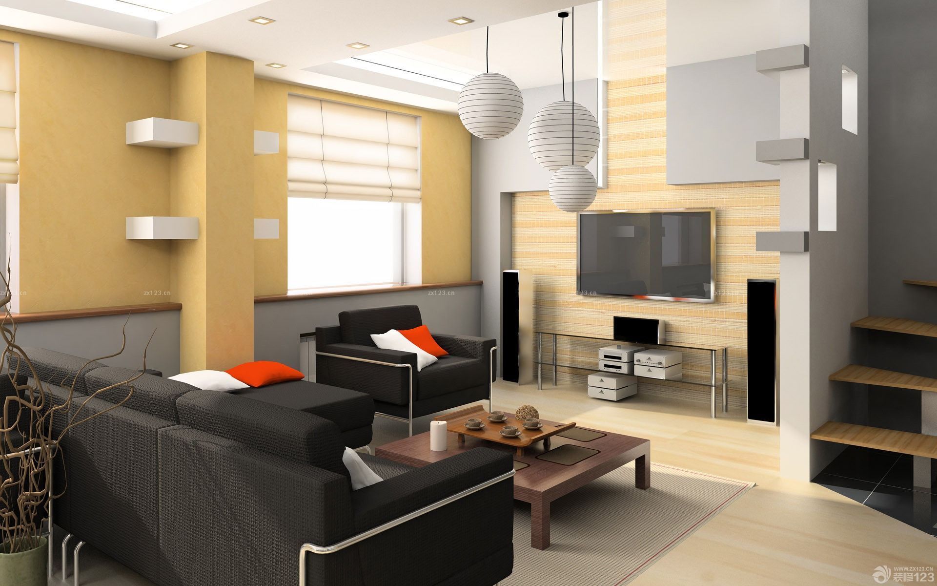 最新现代日式风格楼中楼电视背景墙设计效果图