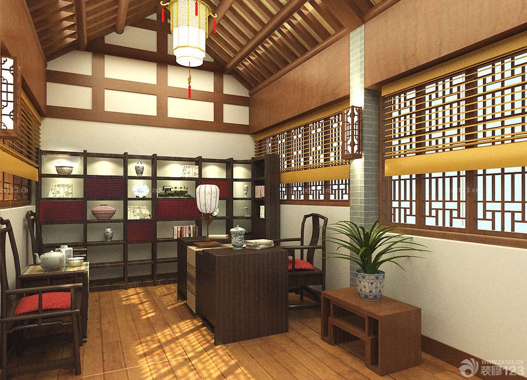 中式风格尖顶阁楼实木博古架装修效果图欣赏