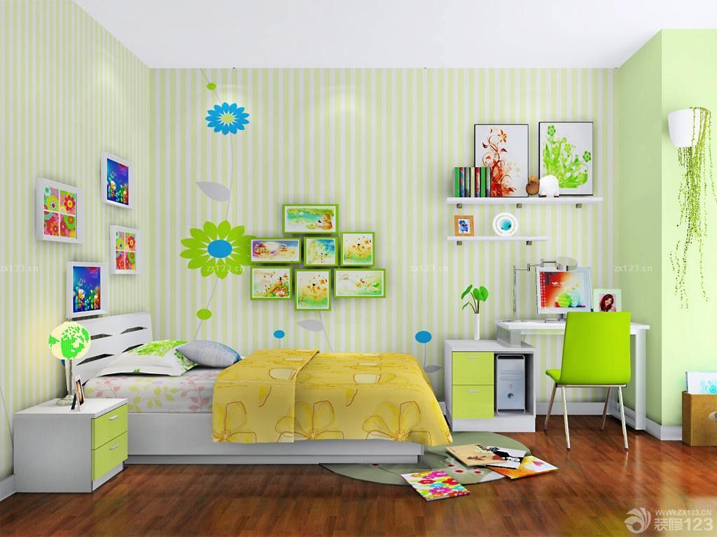 现代简约风格儿童房绿色条纹墙纸设计效果图