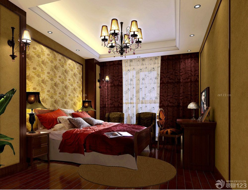 家装卧室颜色搭配双人床花纹壁纸效果图