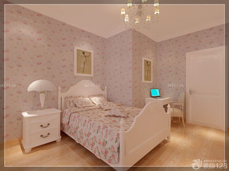 最新15平米卧室双人床花纹壁纸效果图