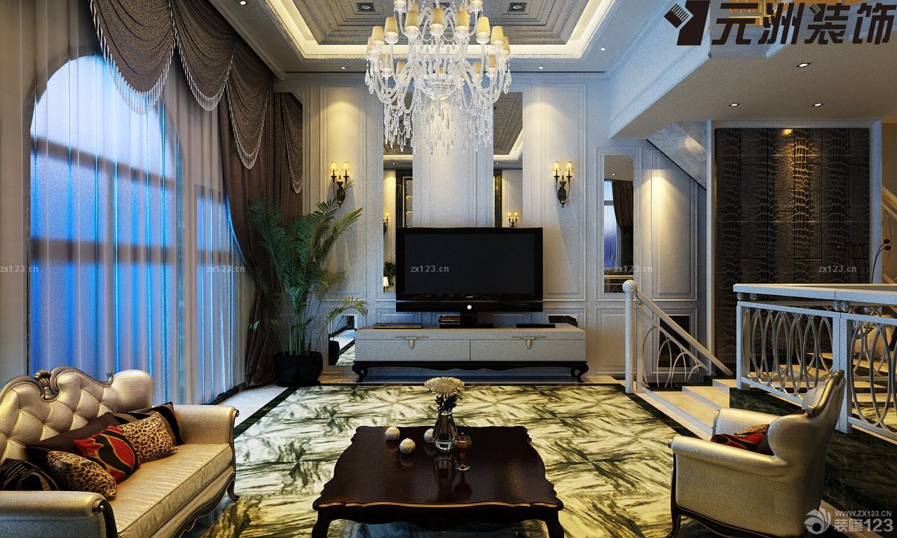 欧式家装设计豪华别墅挑高客厅装修效果图欣赏2025