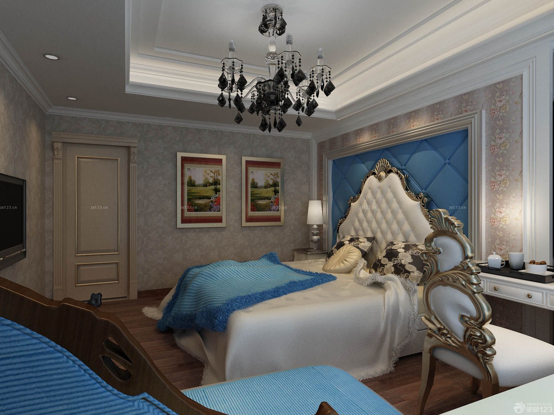 2023欧式家装设计三室两厅主卧室欧式床布置图