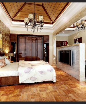 东南亚风格设计自建房室内装修大卧室木质吊顶图