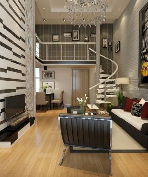 2023现代风格颜色搭配挑高客厅室内旋转楼梯装修图大全