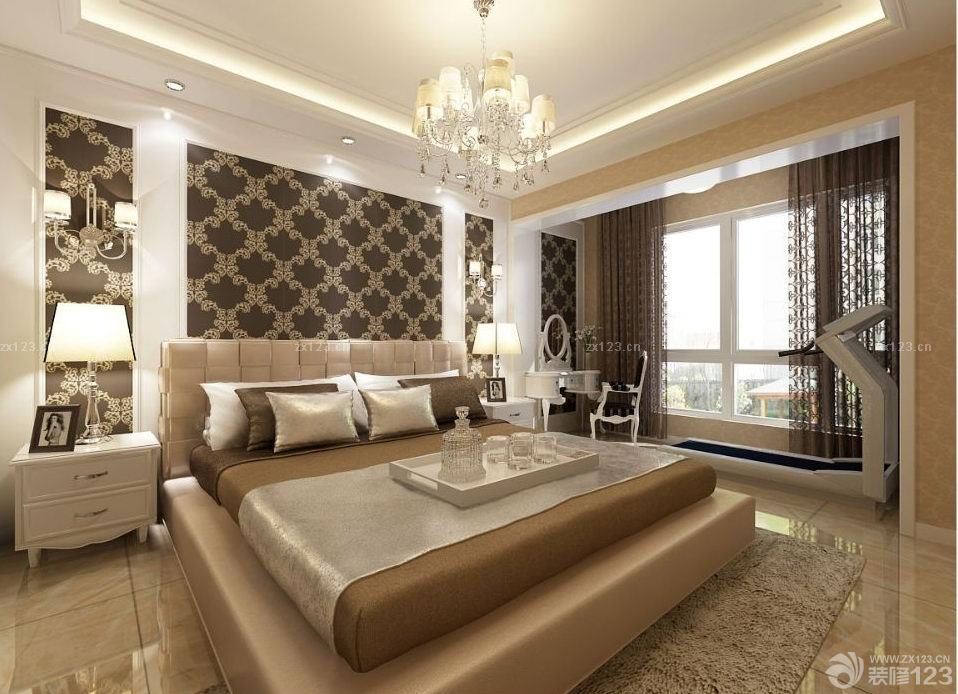 榻榻米卧室褐色壁纸装修图