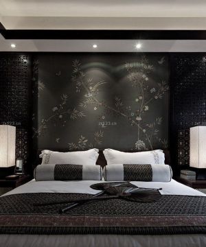 120平方东南亚风格卧室床头背景墙壁纸图片欣赏