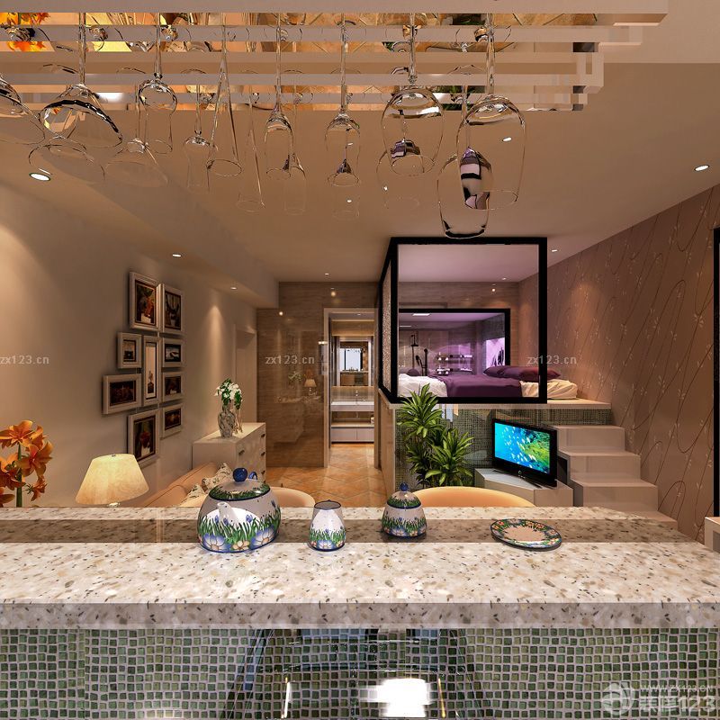 小户型客厅酒柜吧台餐桌效果图欣赏