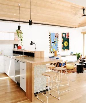 2023美式住宅开放式厨房吧台设计效果图片