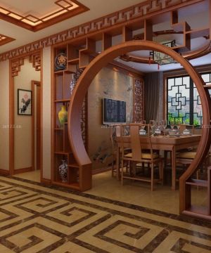 新中式风格餐厅博古架隔断设计效果图