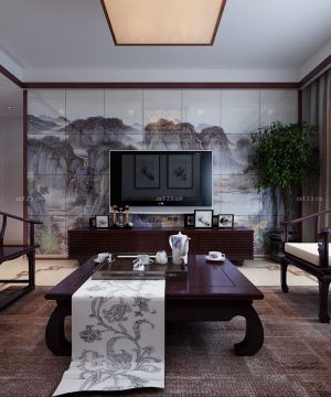 新中式风格艺术瓷砖电视背景墙设计图片大全