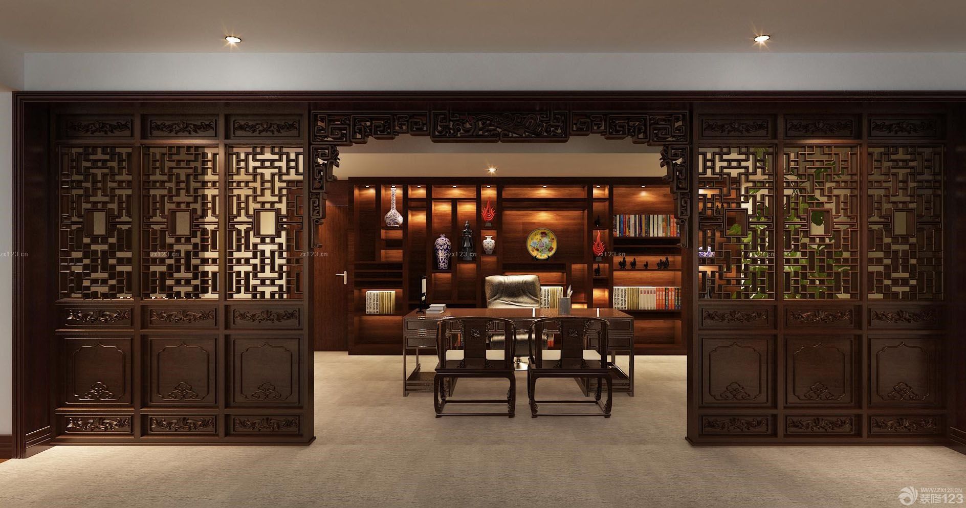 中式办公室棕色门框装修图片大全