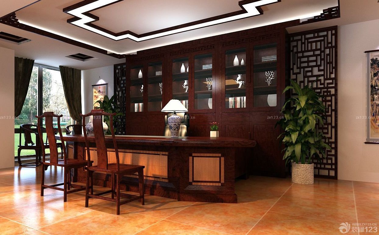 2025最新中式办公室实木书柜装修图片 