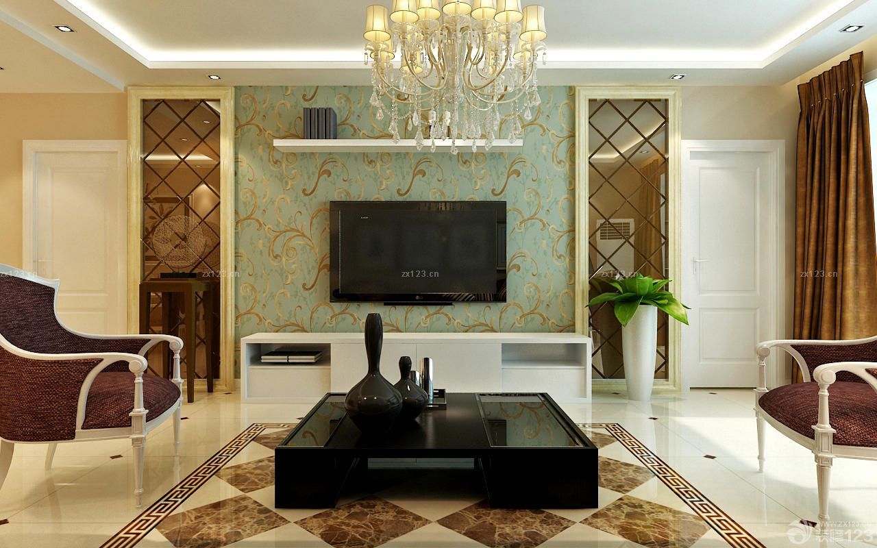 简欧风格电视墙花藤壁纸设计图片2025