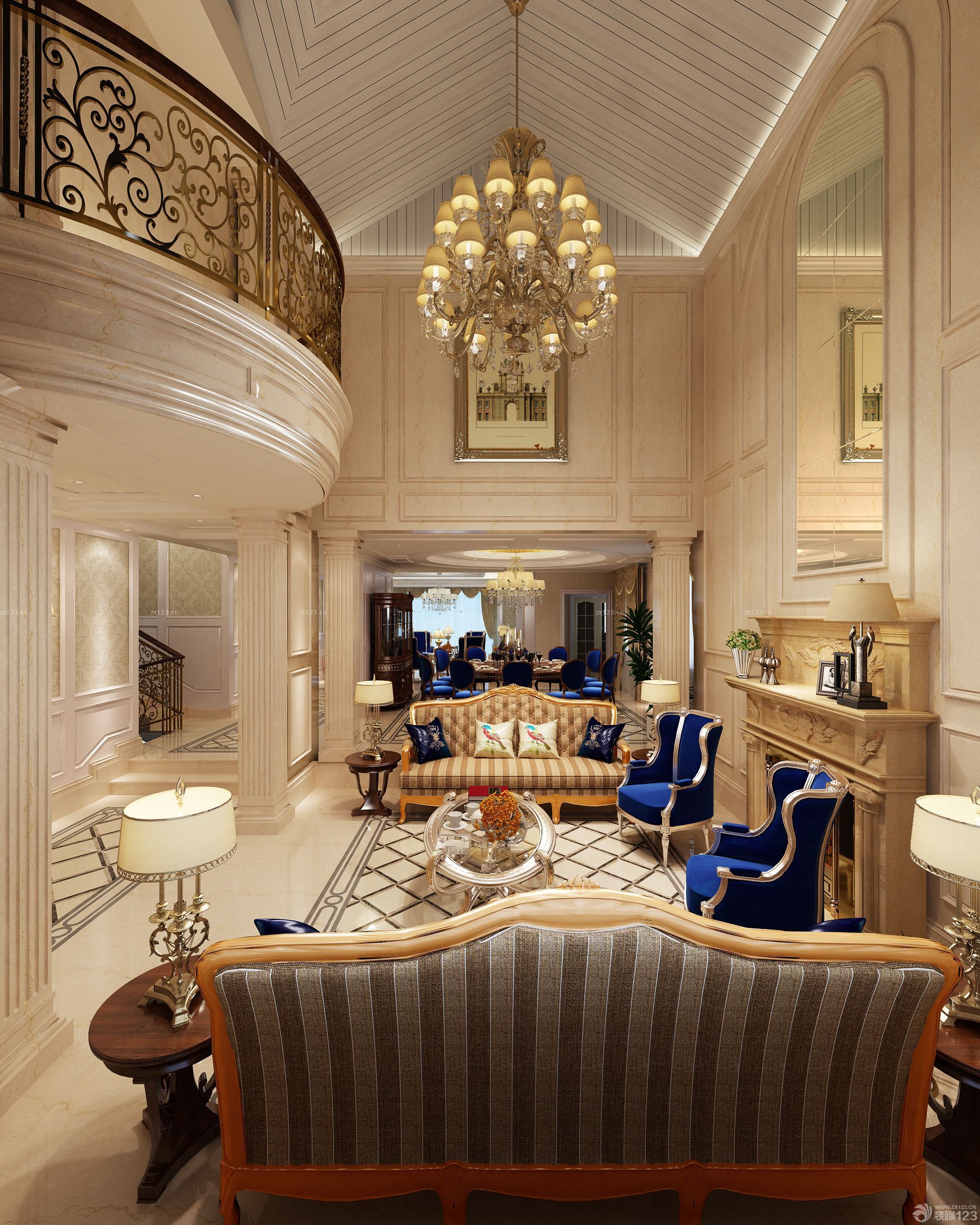 尖顶客厅木质吊顶设计图_设计456装修效果图