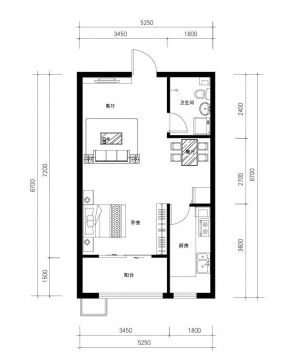 一室一厅一卫卧室阳台设计户型图