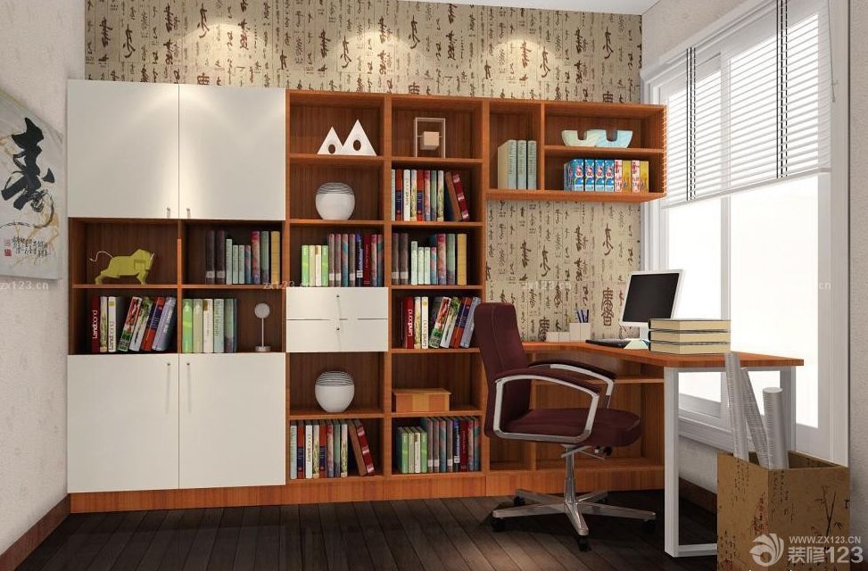 最新简约风格书房拐角书柜设计效果图片
