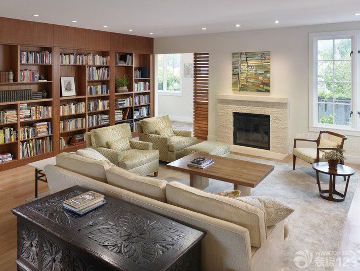 最新美式家装客厅兼书房装修实景图片