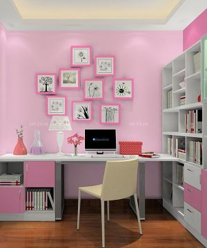 最新书房电脑桌背景墙粉红色壁纸装修设计图片