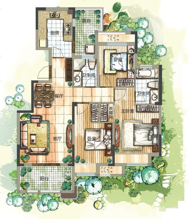 2023花园洋房户三室两厅型设计图片