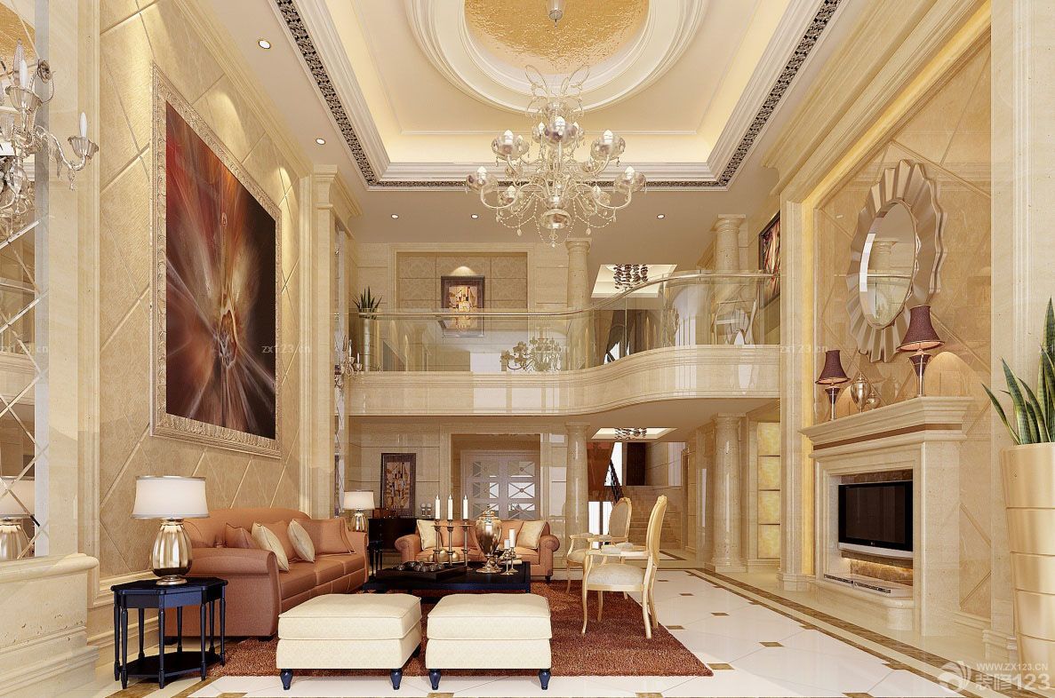 2025美式沙发背景墙楼中楼客厅装修效果图大全