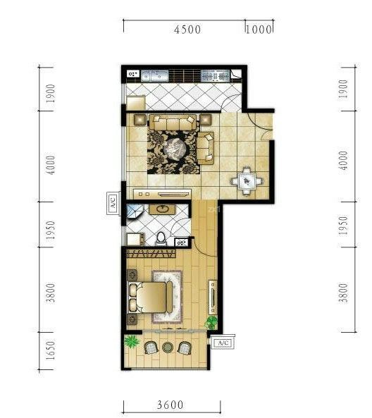 最新2025田园风格56平方一室一厅边几户型图