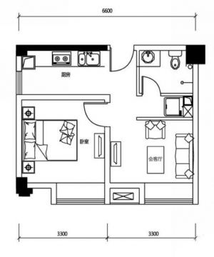 2023温馨56平方一室一厅玻璃茶几户型图