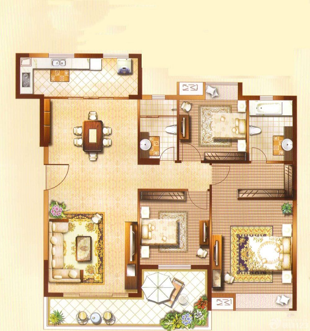 最新三室两厅二卫带露天阳台户型图大全
