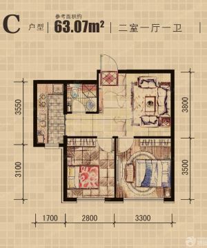 2023二室一厅一卫户型图