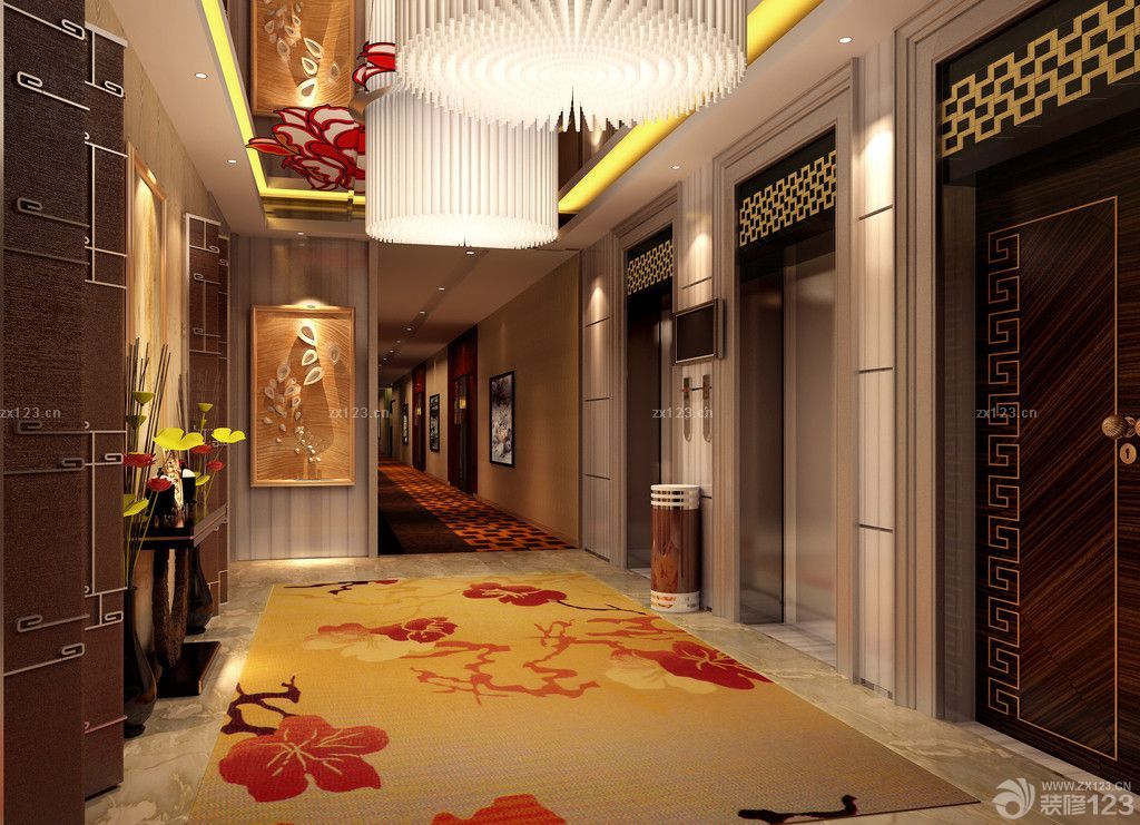 2023新中式混搭快捷酒店走廊装修设计图片