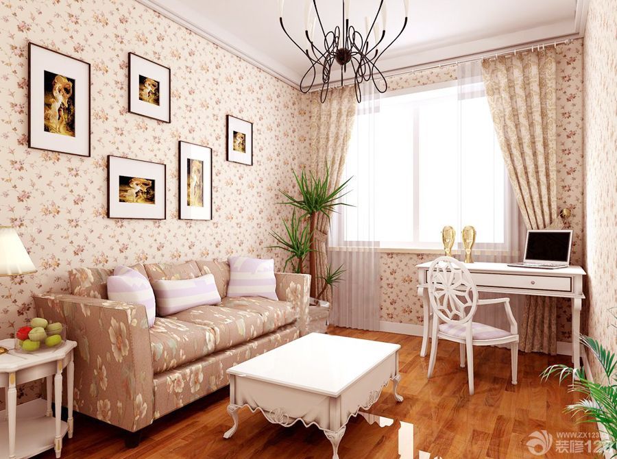 简欧风格家装客厅小花窗帘设计效果图欣赏