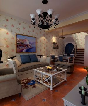 最新地中海风格客厅花朵壁纸设计图片