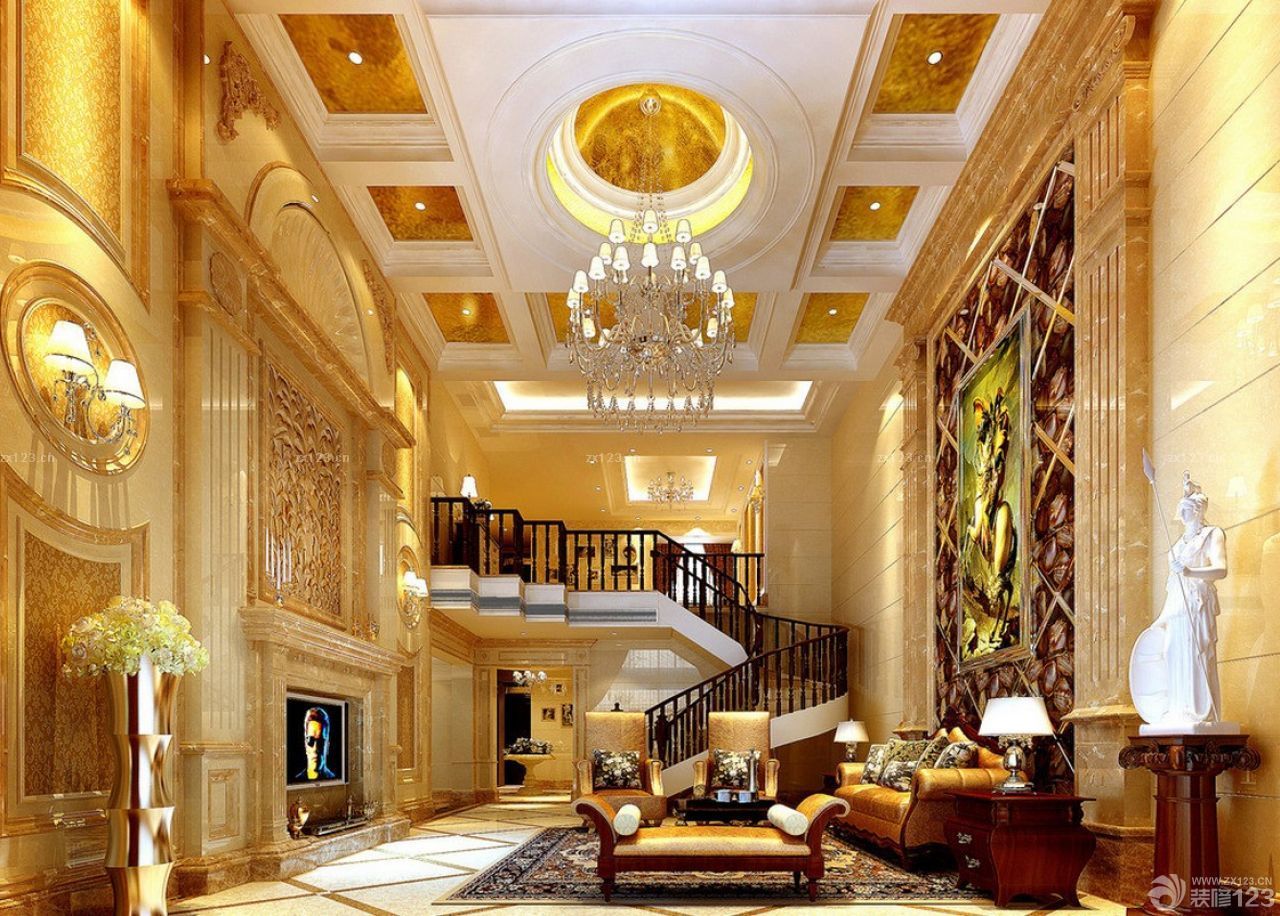 2025大复式楼金色墙面装修效果图欣赏
