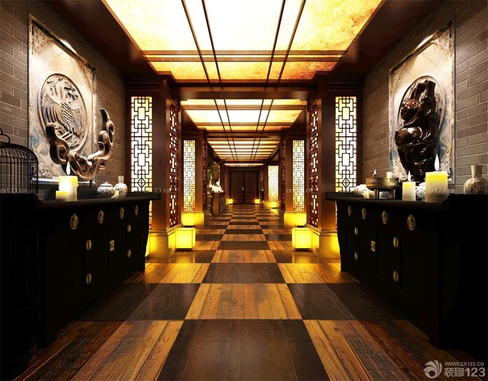 中式会所设计过道吊顶装修效果图欣赏