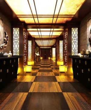 中式会所设计过道吊顶装修效果图欣赏