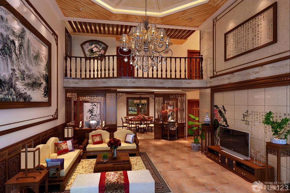 新中式桑拿板吊顶楼中楼装修效果图大全2025