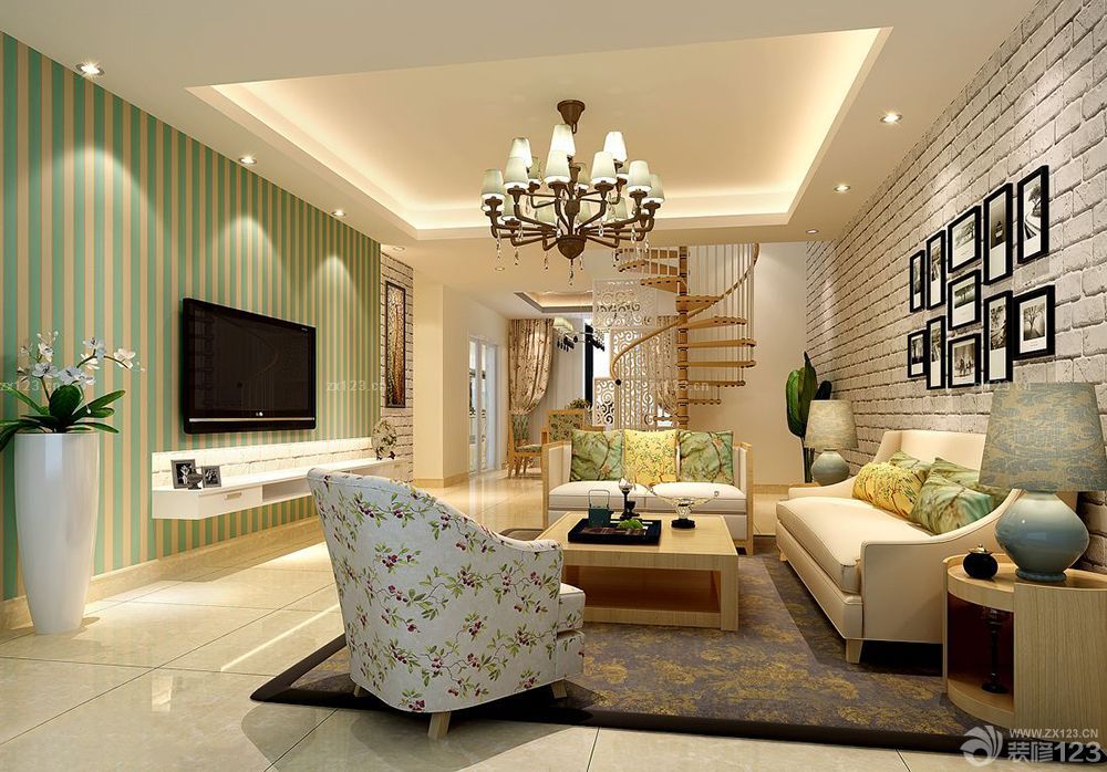 2025最新地中海田园混搭风格沙发背景墙砖墙吊顶效果图