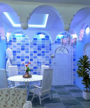 地中海蓝色主题休闲区雕花吊顶欧式门设计图片大全