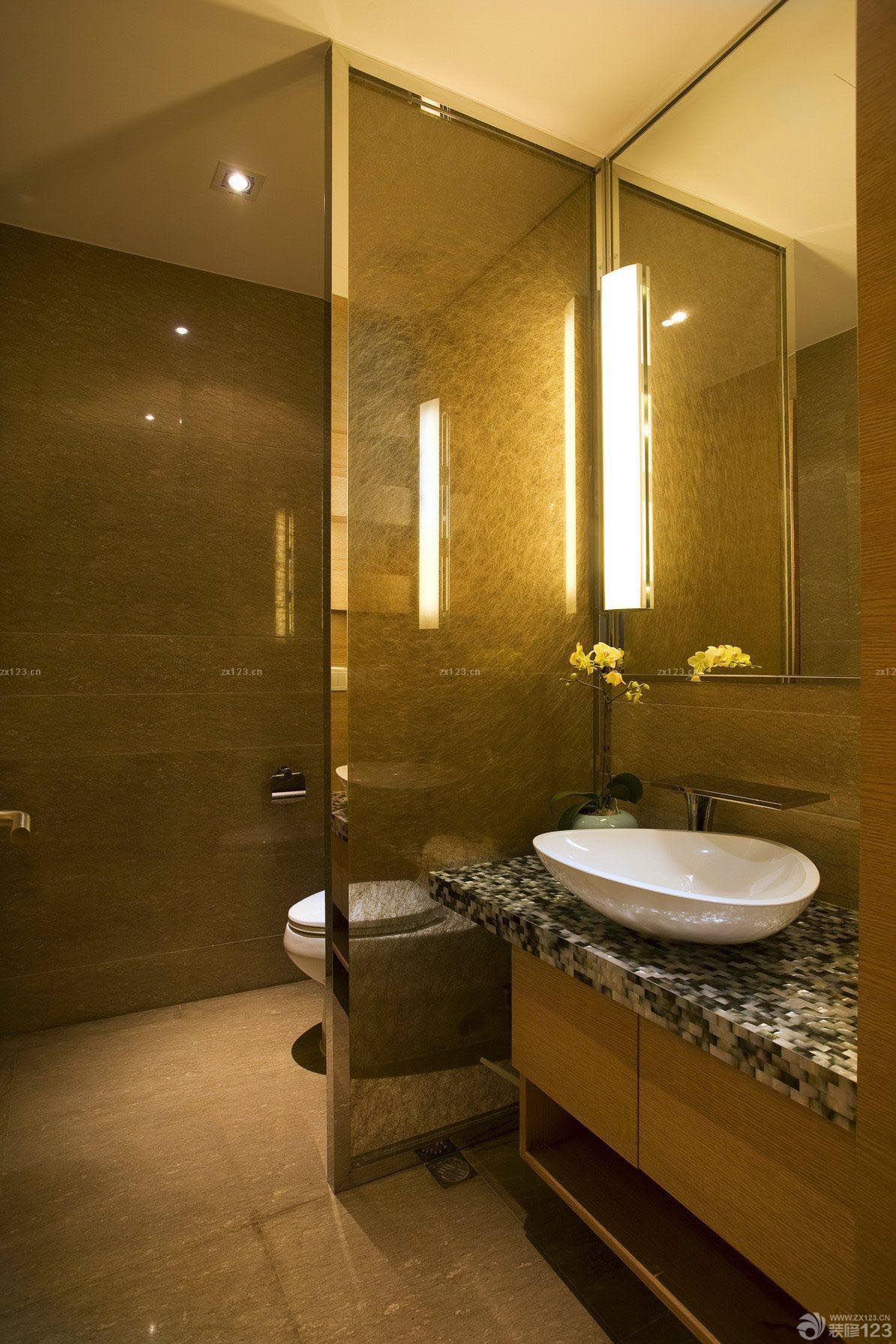 暖色调卫生间玻璃隔断墙装修图片