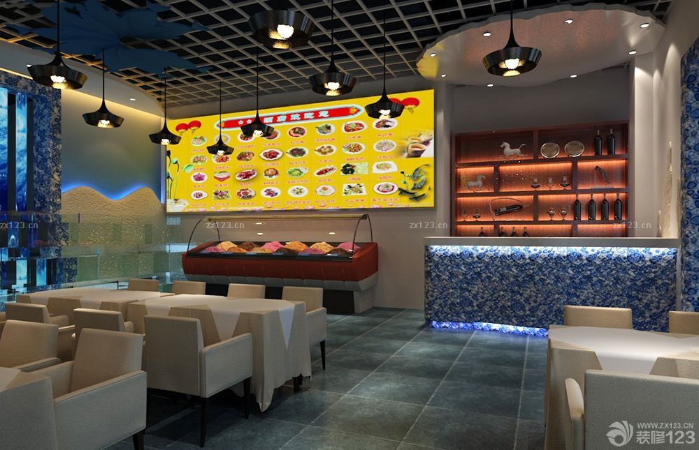 中式快餐店镂空吊顶装修效果图片