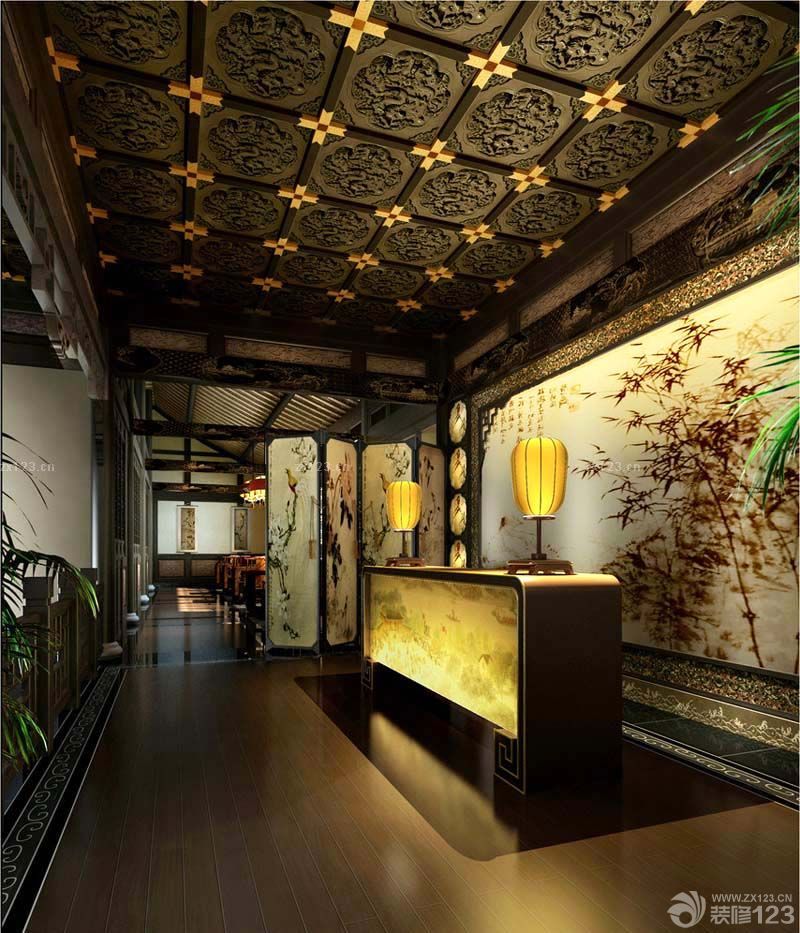 2025最新中式快餐店雕花吊顶装修效果图