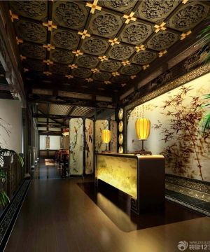 2025最新中式快餐店雕花吊顶装修效果图
