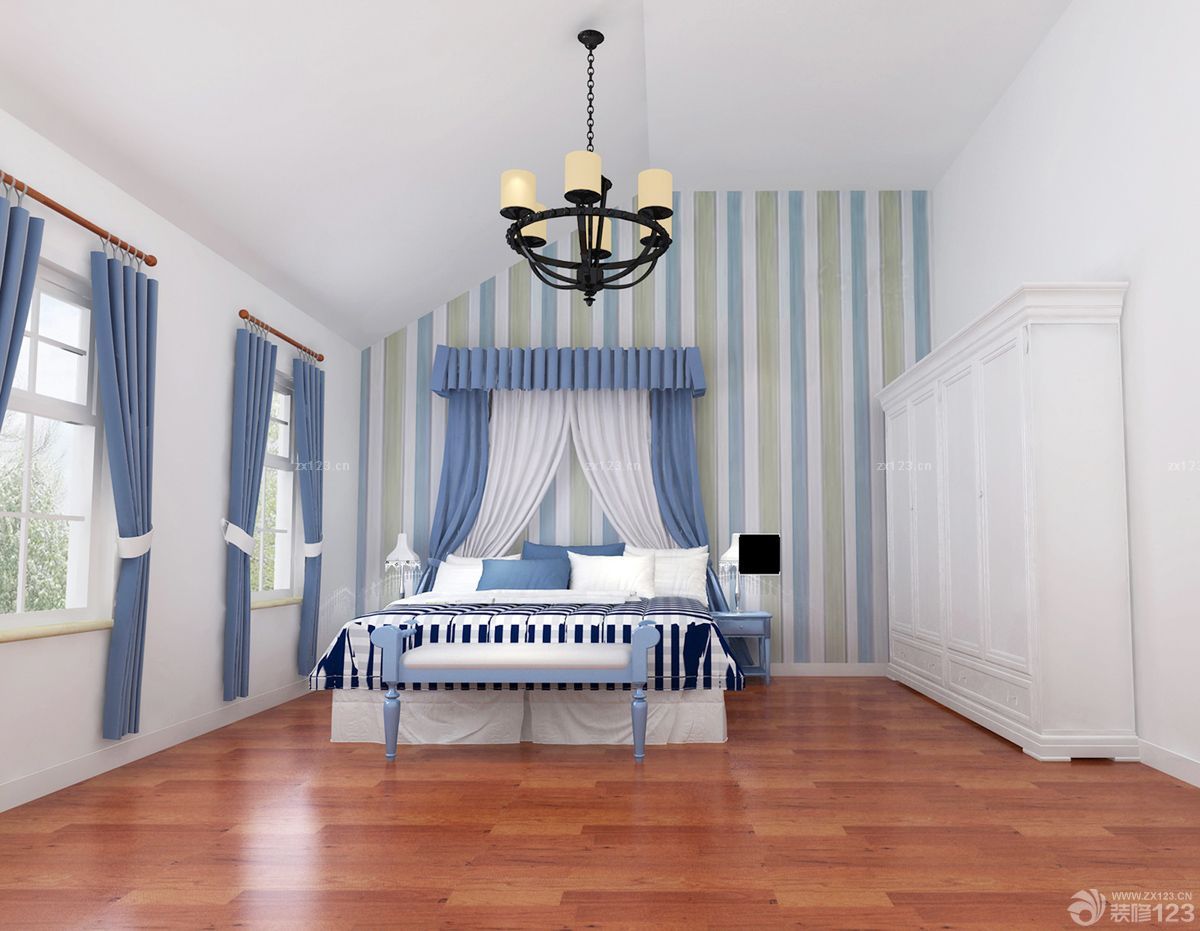 现代简约风格大卧室地中海风格窗帘设计图